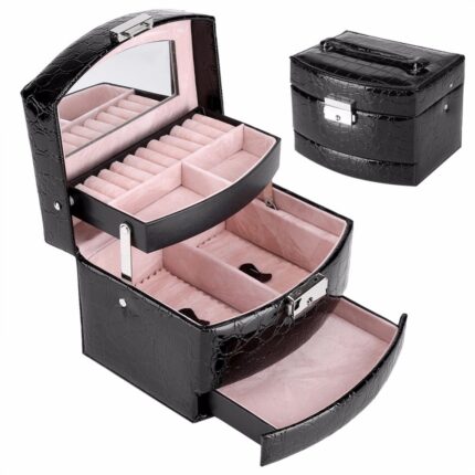 Coffret à bijoux et emballage en cuir à 3 niveaux, organisateur de maquillage, boîte de rangement,  cadeau pour cosmétiques femme