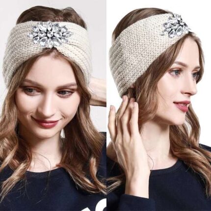 AWAYTR Bandeau Tricote Avec Strass Pour Femme, Serre-Tete, Turban Elastique, Accessoires Pour Cheveux, Automne Et Hiver