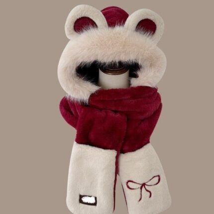 Ensemble trois pièces chaud avec nœud papillon, écharpe et gants coupe-vent
