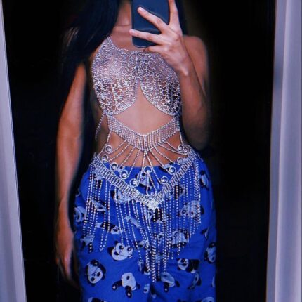 Body à franges et strass avec chaîne de corps