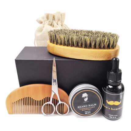 cire à barbe, huile à barbe, peigne en bois, brosse à poils, ciseaux à raser