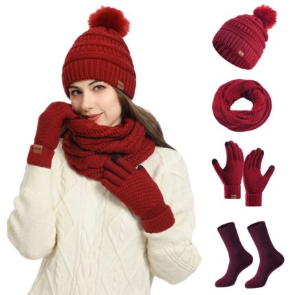 Ensemble de quatre pièces pour femme : bonnet, écharpe, gants et chaussettes d'hiver