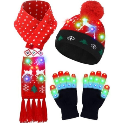 Ensemble trois pièces de Noël : bonnet, écharpe et gants tricotés à LED