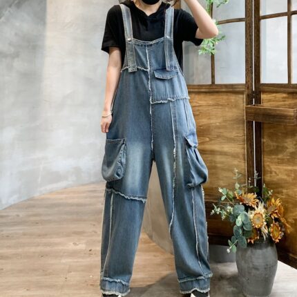 Pantalon en jean à bretelles rétro à poches et bords francs pour femmes